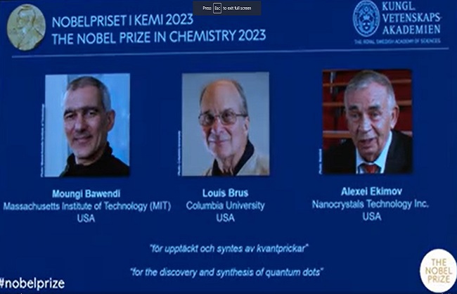 अमेरिकी वैज्ञानिकों माउंगी बवेंडी, लुइस ब्रूस और एलेक्सी इकिमोव को रसायन शास्त्र का नोबेल