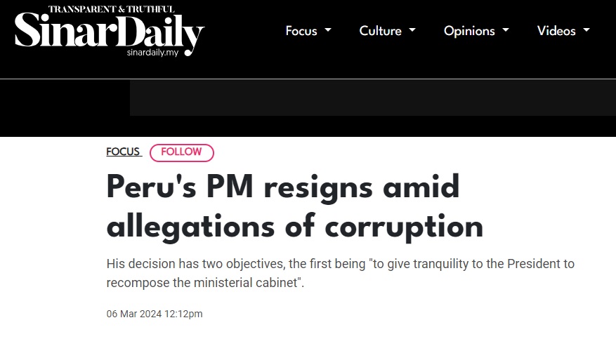 पेरू के प्रधानमंत्री अल्बर्टो ओटारोला ने इस्तीफा दिया