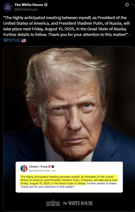 यूक्रेन मुद्दे पर 15 अगस्त को ट्रंप-पुतिन की बैठक, रूसी राष्ट्रपति ने जिनपिंग और मोदी से की बातचीत