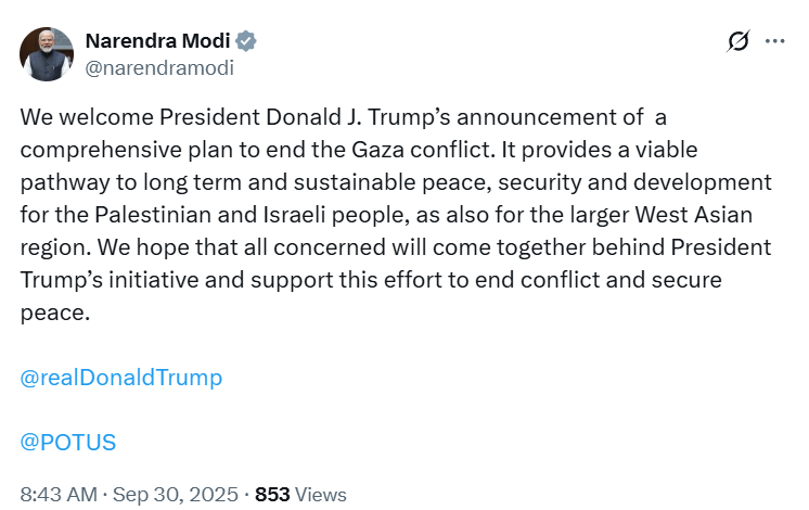 भारत ने गाजा संघर्ष पर ट्रम्प की शांति योजना का स्वागत किया, स्थायी समाधान की उम्मीद जताई