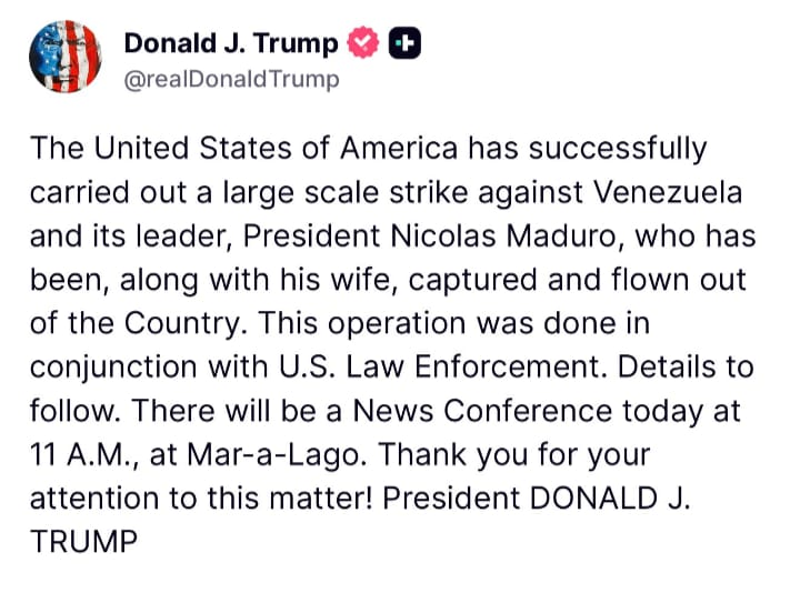  वेनेजुएला के खिलाफ अमेरिका की सैन्य कार्रवाई, राष्ट्रपति मादुरो व उनकी पत्नी को हिरासत में लेने का दावा