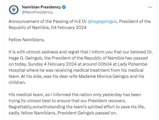 नामीबिया के राष्ट्रपति डॉ. हेग जी. गेनगोब नहीं रहे