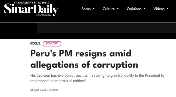 पेरू के प्रधानमंत्री अल्बर्टो ओटारोला ने इस्तीफा दिया