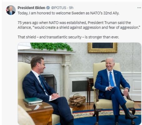 स्वीडन नाटो का 32वां सदस्य देश, बाइडेन ने दी बधाई