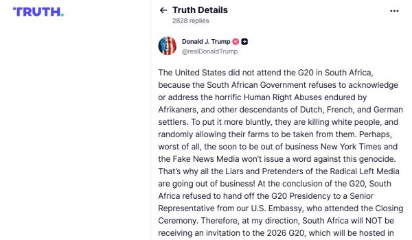 अमेरिका अगले वर्ष जी-20 सम्मेलन में दक्षिण अफ्रीका को नहीं लेने देगा हिस्सा