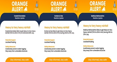 मौसम विभाग ने आज गुजरात, महाराष्ट्र, गोवा और तटीय कर्नाटक में मूसलाधार बारिश की चेतावनी दी