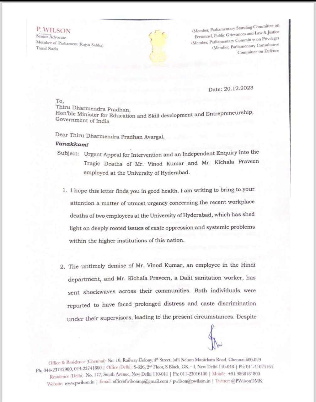अल्पसंख्यकों के खिलाफ जातीय भेदभाव को संबोधित करने के लिए पी विल्सन ने धर्मेन्द्र प्रधान को लिखा पत्र