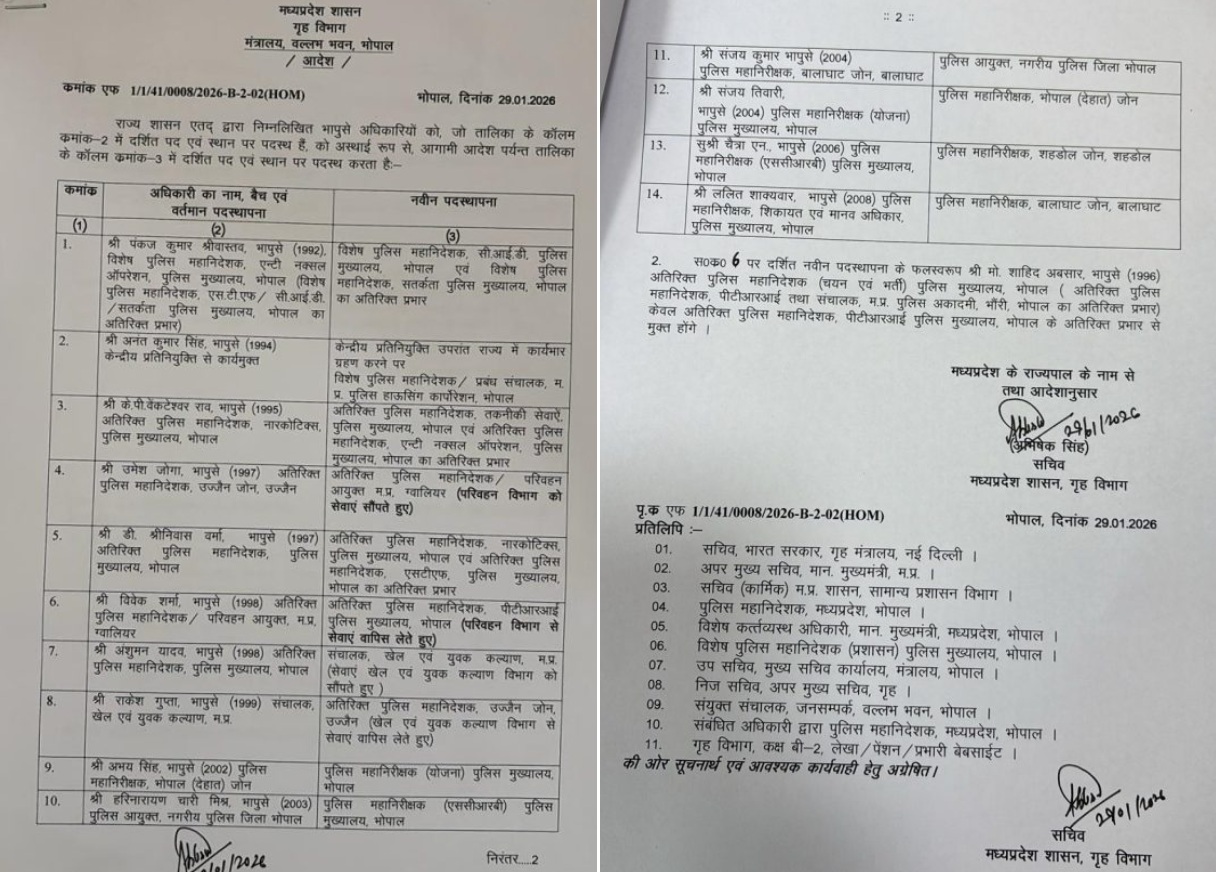 मध्य प्रदेश में 14 आईपीएस अफसरों के तबादले, भोपाल को मिला नया पुलिस कमिश्नर