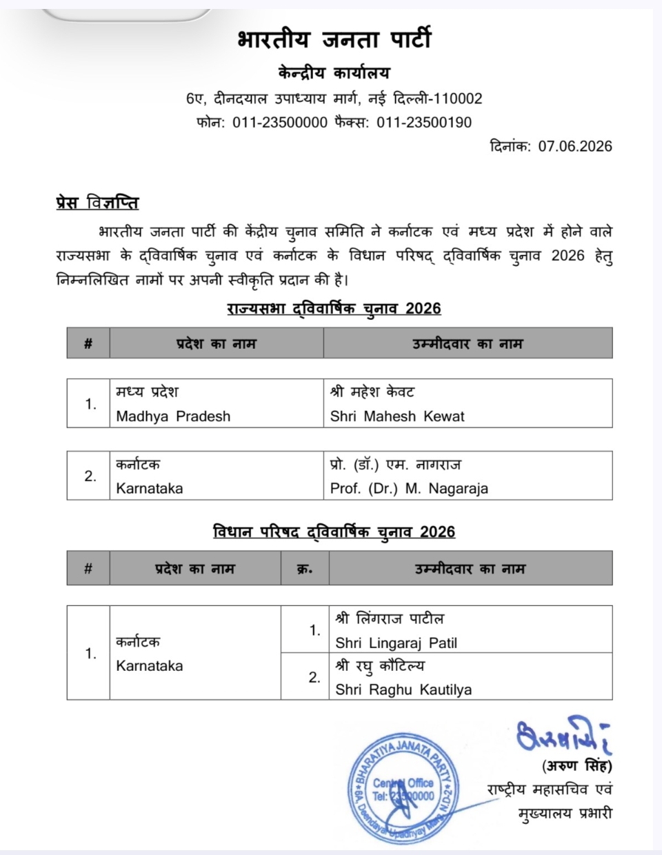 राज्य सभा चुनाव के लिए भाजपा ने जारी की सूची, मध्यप्रदेश से महेश केवट को बनाया उम्मीदवार