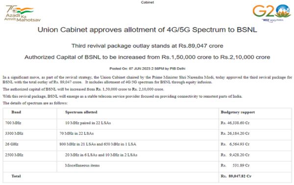 केन्&zwj;द्रीय मंत्रिमंडल ने बी एस एन एल के लिए 89 हजार 47 करोड़ रुपये के परिव्यय के साथ तीसरे पुनरुद्धार पैकेज को मंजूरी दी