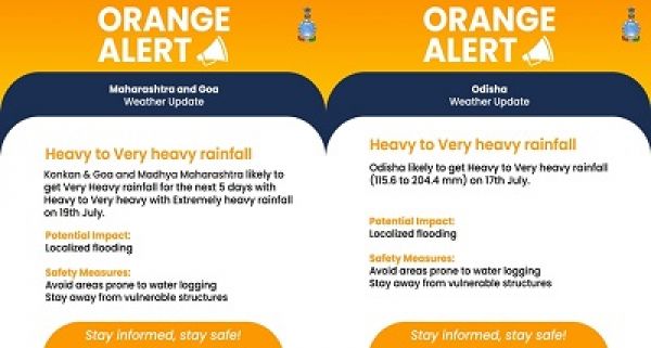 कोंकण, गोआ, मध्&zwj;य महाराष्&zwj;ट्र और ओडिसा ने अगले पांच दिनों तक तेज वर्षा, बंगाल की उत्&zwj;तर पश्चिम खाडी में अगले 48 घंटों में चक्रवात की आशंका