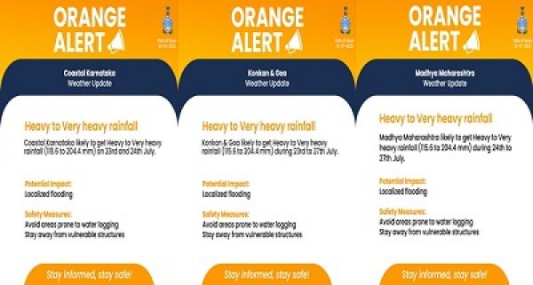 मौसम विभाग ने आज गुजरात, महाराष्ट्र, गोवा और तटीय कर्नाटक में मूसलाधार बारिश की चेतावनी दी