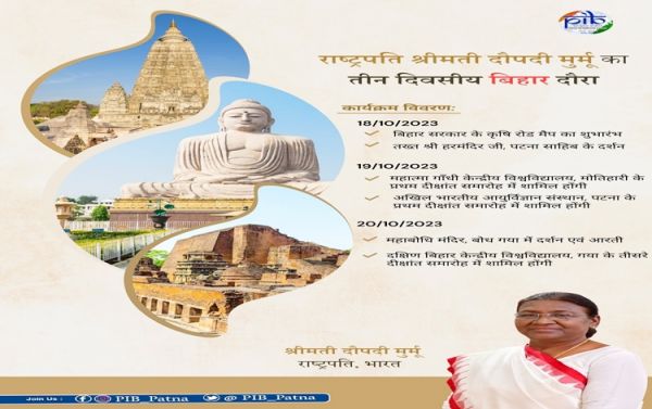 राष्ट्रपति द्रौपदी मुर्मु आज से बिहार की तीन दिवसीय यात्रा पर