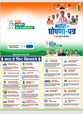  3200 रुपए प्रति क्विंटल व अन्य 19 वायदे के साथ कांग्रेस  ने जारी किया घोषणा पत्र