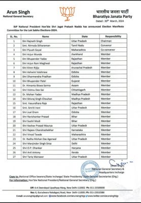 भाजपा ने किया चुनाव मैनिफेस्टो कमेटी की ऐलान, राजनाथ सिंह बनाए गए अध्यक्ष